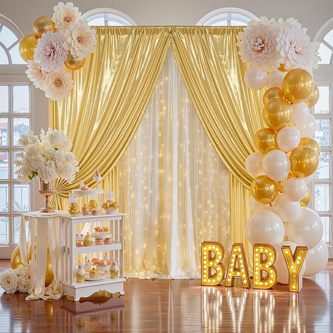 10x10FT Gold Sequin Backdrop - 2 Panels 5x10FT Wrinkle-Free Glitter Drapes for Weddings, Parties & Events