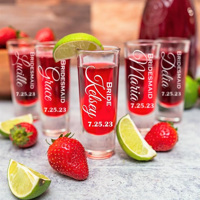 Custom Engraved 2 oz Shot Glass – Personalized Etching – Groomsman & Bridesmaid Gift – Wedding Favor Set of 8