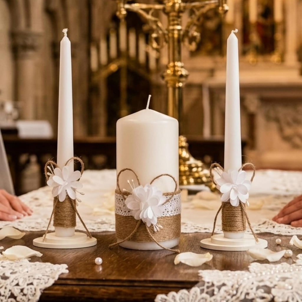 Unity Candle Set - Wedding Ceremony & Reception – 6” Pillar & Two 10” Taper Candles – Long Burning Wedding Unity Candles for Marriage Ritual – Home Decor- Handmade in USA – White | Rustic