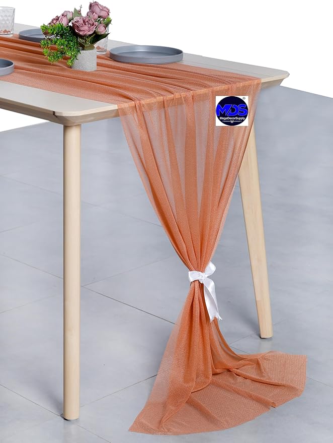 MDS 2 Pack 10ft Chiffon Table Runner 29 x 120 Inches Sheer Wedding Runner Romantic Rustic Table Runner for Wedding Decorations, Birthday Parties, Bridal Shower Party Arch Decor - Coral Peach