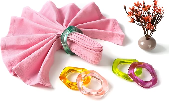 Epoxy Resin Spring Napkin Rings Set of 12 - Irregular Napkin Holders for Dining Table, Party Decor, Weddings, Everyday Use, Elegant Tabletop Accents (Multi Pastel) - CLEENTABLE