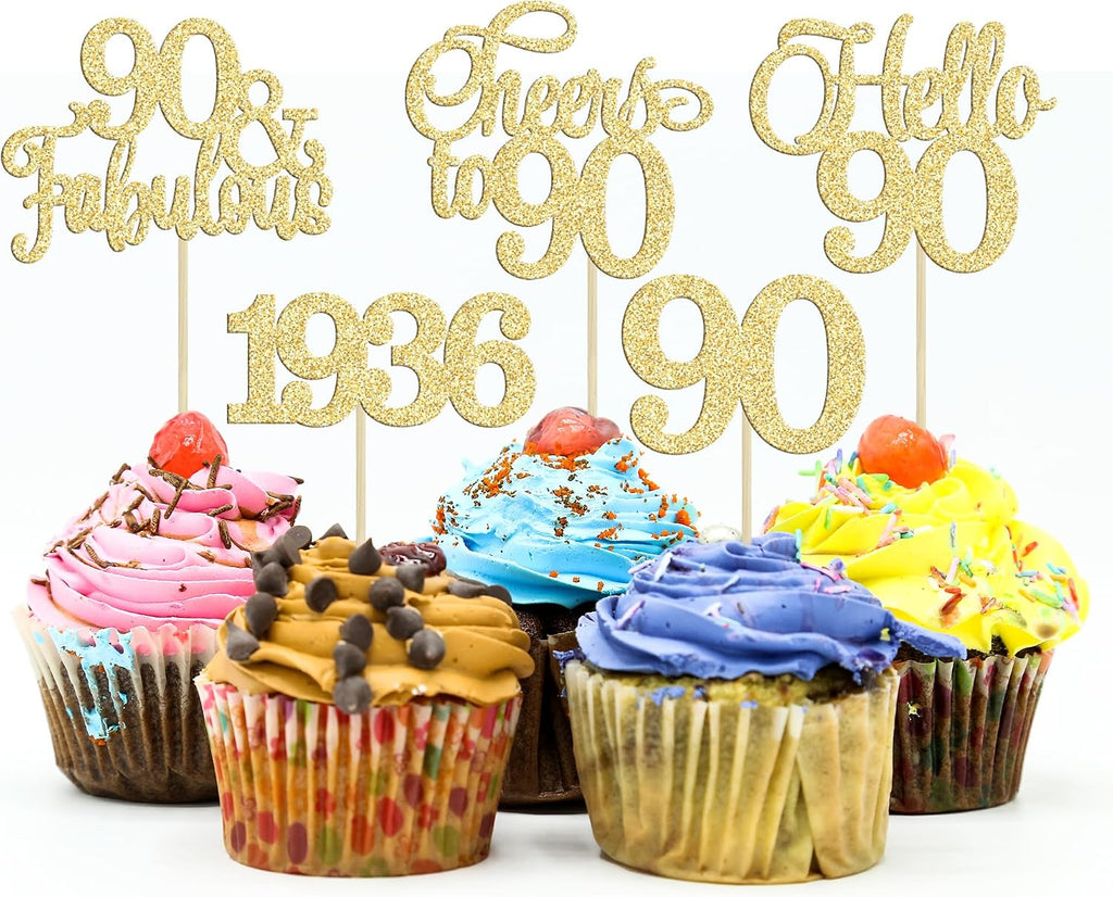 Gyufise 30Pcs 90th Birthday Cupcake Toppers 90 Fabulous Cupcake Picks Cheers to 90 1935 Cake Decorations for Happy 90th Birthday Wedding Anniversary Party Decoration Supplies Gold