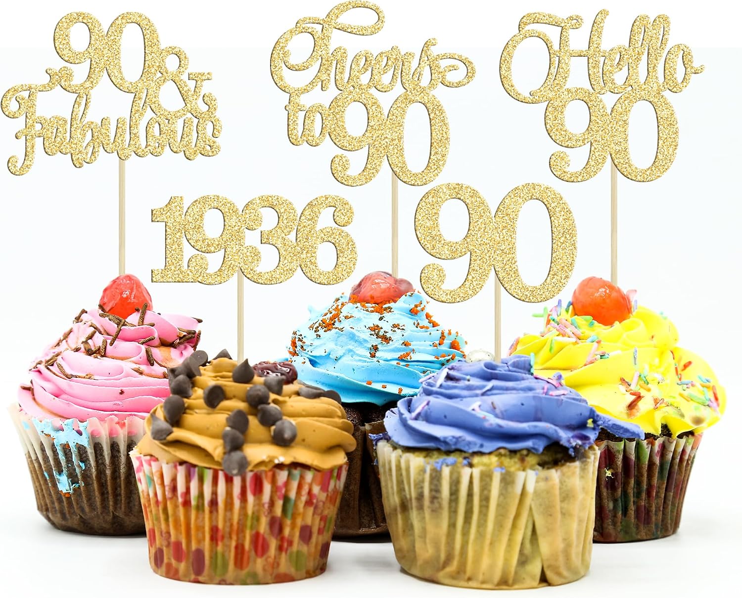 Gyufise 30Pcs 90th Birthday Cupcake Toppers 90 Fabulous Cupcake Picks Cheers to 90 1935 Cake Decorations for Happy 90th Birthday Wedding Anniversary Party Decoration Supplies Gold