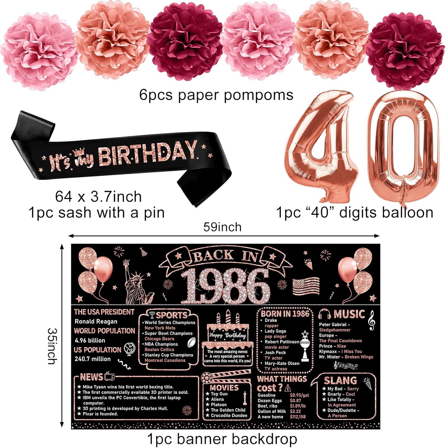 Zirtorei 40th Birthday Decorations for Women, 21pcs the Year 1986 Banner Balloon Party Supplies, Rose Gold 40 Year Old Birthday Backdrop, 40 Bday Honeycomb Centerpiece Hanging Swirls Sash Gifts