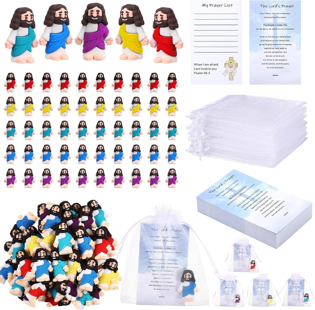 Bememo 150 Pcs Christian Gifts Bulk Bible Verse Cards Little Jesus Figures Prayer Cards Organza Bags for Easter Hunt Religious Party Favors Sunday Baptism, 50 Set(Classic Color,Open Hands)