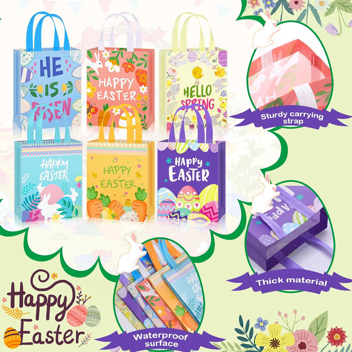 Clysee 12 Pcs Easter Gift Bags 10.2" x 8.3" Non Woven Easter Tote Bags with Handle Large Easter Bulk Treat Bags for Easter Holiday