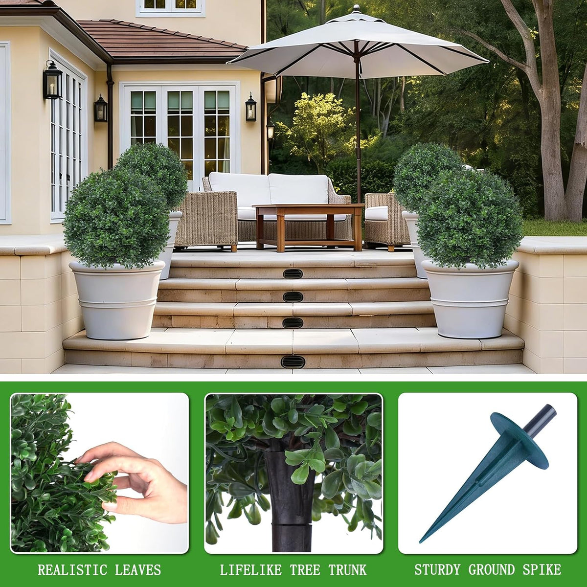 yangrass 2pcs 24" artificial boxwood topiary ball trees showing dimensions