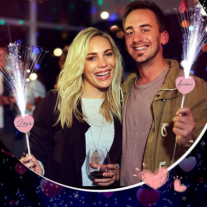 24 Pcs Wedding Sparklers Heart Shaped LED Glow Sticks Fiber Optic Wands Light up Wand with 3 Light Mode for Wedding Bridal Shower Birthday Glow in the Dark Party Supplies (Pink)