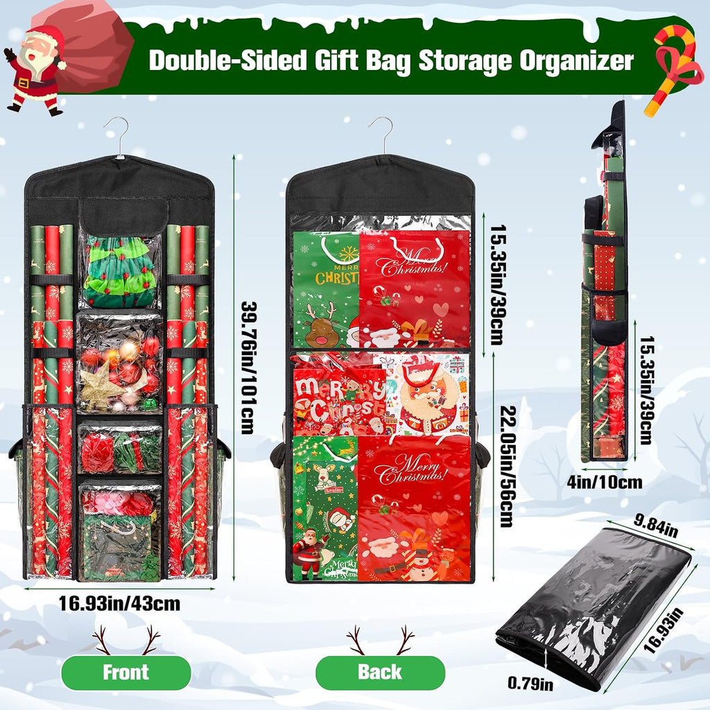 Wrapping Paper Organizer Storage, AHIER Hanging Double-Sided Gift Bag Storage Organizer with Multiple PVC Clear Pockets for Festival Christmas Wrapping Paper Storage(40"x17")