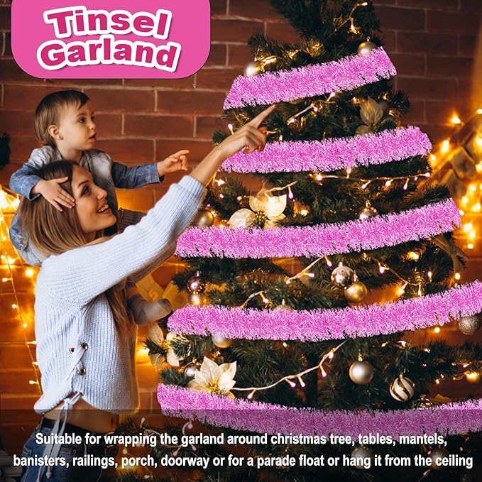50 Feet Christmas Foil Fringe Banner Metallic Tassle Garland Metallic Backdrop Parade Floats Shiny Hanging Ceiling, Valentine's, Wedding, New Year Party Decorations(2" x 50', Macaron Pink)