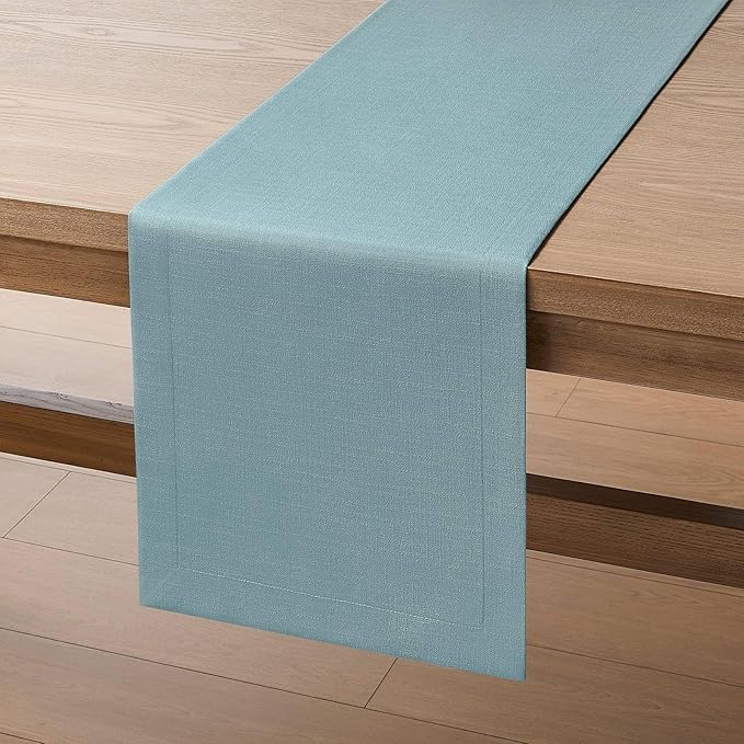 ZeeMart Linen Textured Border Table Runner, 14 x 72 Inch Blue, Farmhouse Style Dusty Blue Table Runners 72 Inches Long, Easy Care Everyday Polyester Table Runner