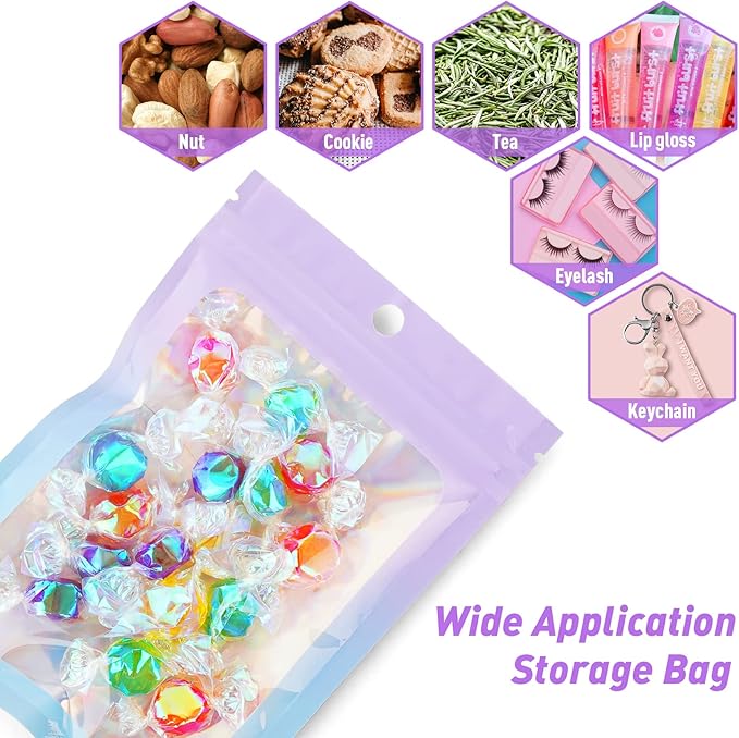 Funfery 100 Pack Gradient Holographic Bags,Mylar Resealable Bags with Zipper,Clear Window Packaging Pouch,Smell Proof Bag for Food Storage,Sample Jewelry Baggies(3.5×4.7in,Purple Blue)