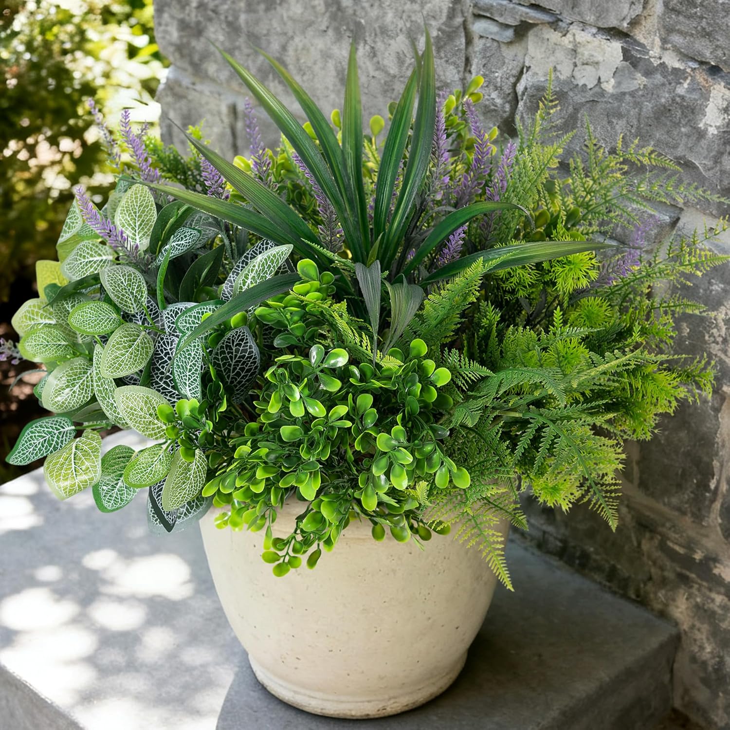 Hrobek Outdoor Faux Plants UV Resistant Fake Greenery for Outside Planter | 12 Bouquet Realistic Artificial Eucalyptus Fern Lavender Spider Vanilla Patio Garden Front Door Porch Yard Home Decor