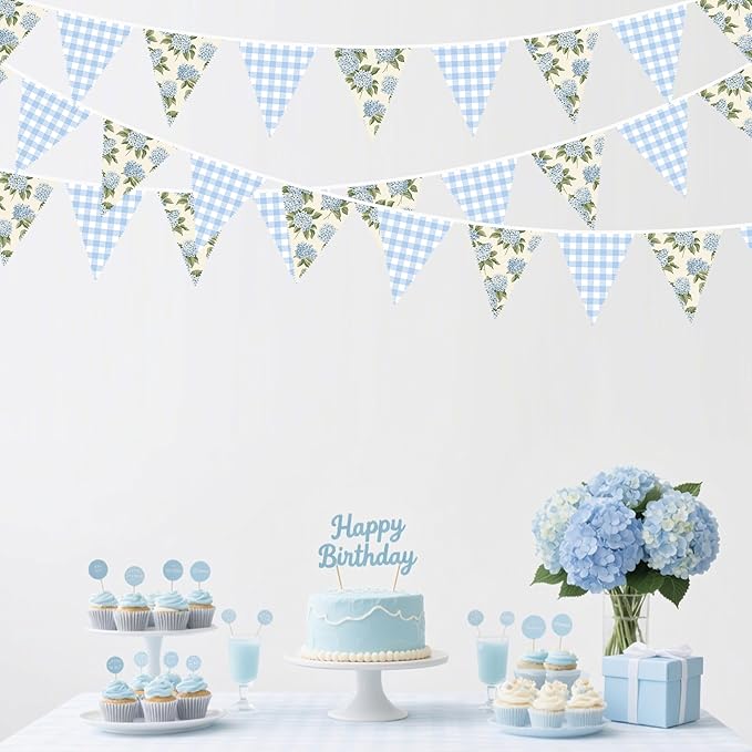 32Ft Blue Flora Party Decorations Blue Gingham HydrangeaTriangle Flag Fabric Banner Pennant Garland Streamer for Flora Birthday Vintage Flower Baby Shower Wedding Tea Party Garden Decor Supplies