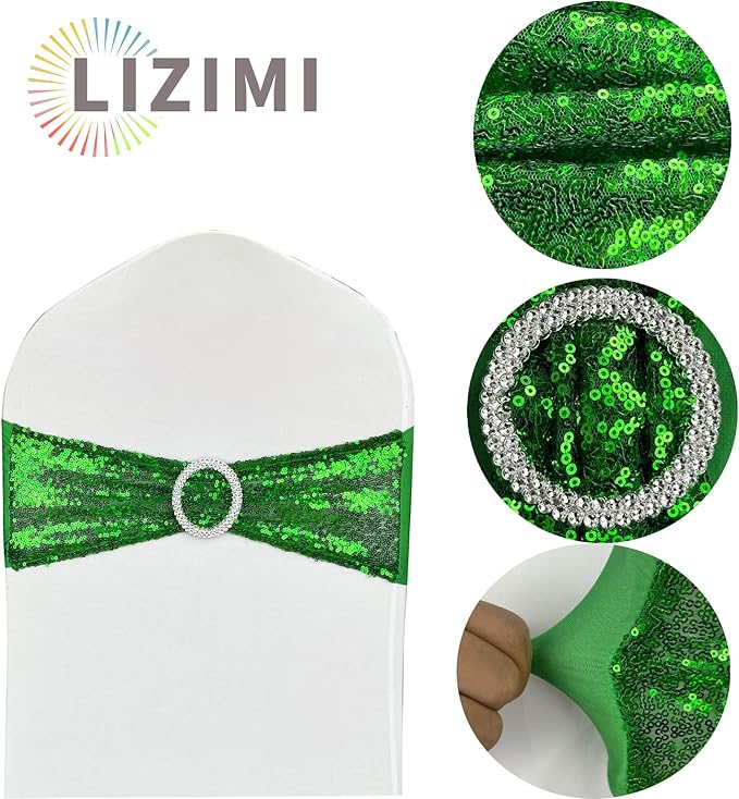 10 Pcs Chair Sashes Sequin Stretch Chair Bands Spandex Polyester Bows for Party Hotel Wedding Banquets Decoration - Green