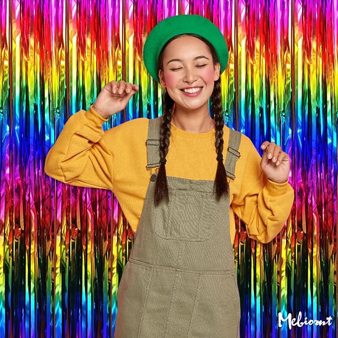 4 Pack Rainbow Fringe Curtain Backdrop, 3.2Ft x 6.6Ft Colorful Metallic Tinsel Foil Fringe Streamers for Photo Booth Birthday Wedding Baby Shower Carnival Easter Mother’s Day Party Decorations