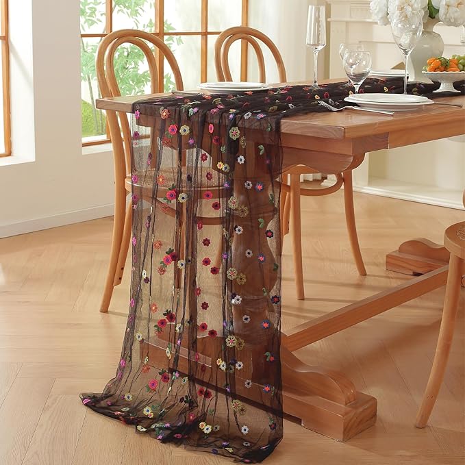 Black Embroidery Daisy Fall Table Runner 120Inch 10FT Florals Soft Sheer Tulle Fabric Table Runner for Home Decor, Brithday, Wedding, Baby Shower ,Holiday ,Parties, DIY Craft,3PC