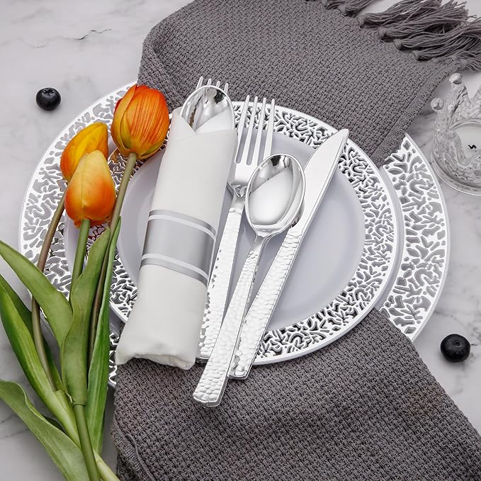 Supernal 60 Pack Pre-Rolled Silver Plastic Cutlery Heavy Duty Wrapped Silverware Disposable Premium Silver Plastic Silverware Forks and Spoons for Halloween Thanksgiving Christmas