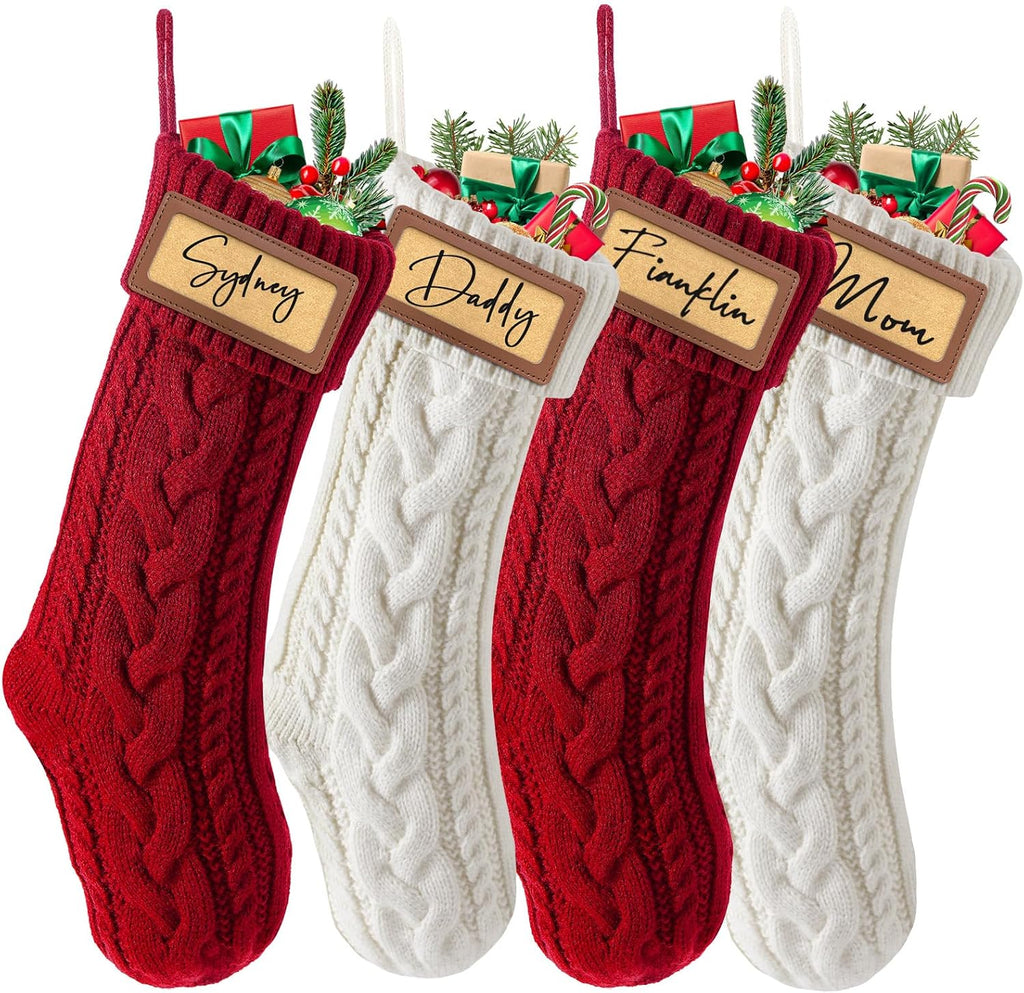steo spce 4 Pack Personalized Christmas Stocking with Leather Patches Custom Name Family Christmas Stockings, 18.5” Large Knitted Xmas Stockings for Kids, Holiday and Fireplace Party Decoration
