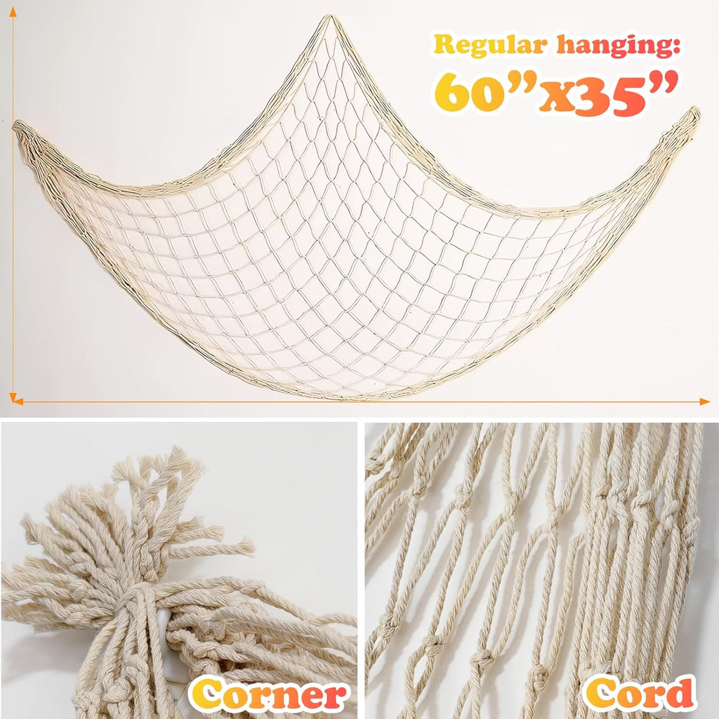 2 Pack Fish Net Decorations for Party, Natural Cotton Hawaiian Table Runner Party Fishing Net Decorative, Nautical Themed Decor Cotton Fishnet Under The Sea Pirate Ocean BeachHalloween Decor