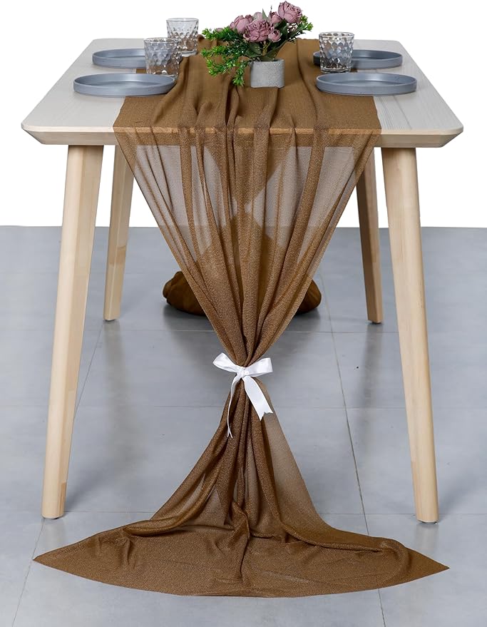 MDS 25 Pack 10ft Chiffon Table Runner 29 x 120 Inches Sheer Wedding Runner Romantic Rustic Table Runner for Wedding Decorations, Birthday Parties, Bridal Shower Party Arch Decor - Mocha
