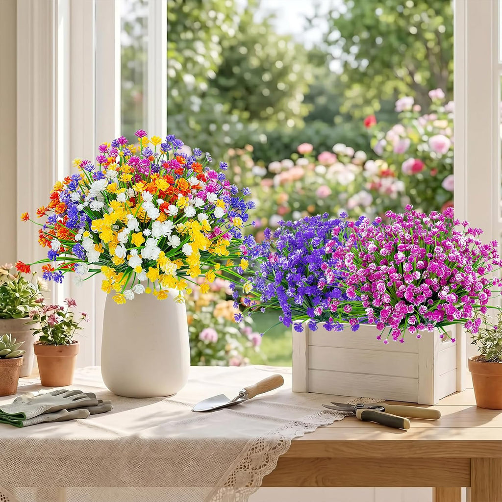 Ouddy Decor 24 Bundles Artificial Flowers for Outdoors UV Resistant Fake Plastic Plants Faux Boston Fern Greenery Stems for Spring Summer Indoor Garden Patio Window Box Kitchen Home Decor, Mixedcolor
