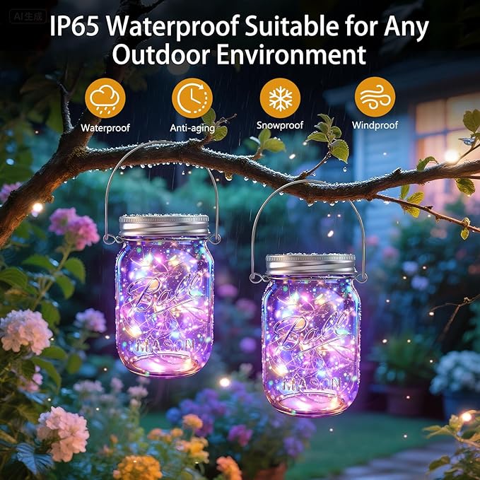 Solar Mason Jar Lights [Upgraded], 12 Pack 30 LED Firefly Fairy String Lights, Waterproof Outdoor Solar Mason Jar Lid Lights with Hangers(NO JARS) for Patio Garden Yard Wedding Decoration - Multicolor
