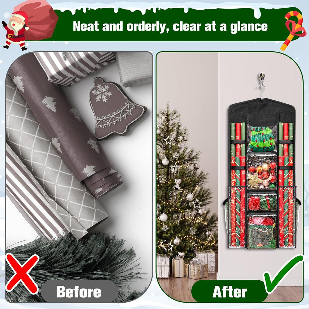 Wrapping Paper Organizer Storage, AHIER Hanging Double-Sided Gift Bag Storage Organizer with Multiple PVC Clear Pockets for Festival Christmas Wrapping Paper Storage(40"x17")