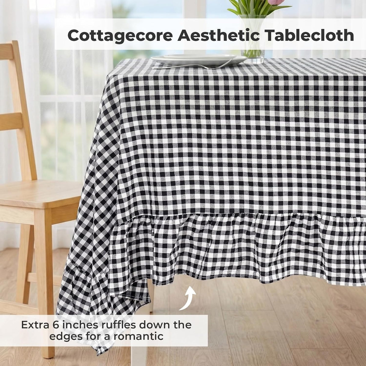 PartyDelight Gingham Ruffle Tablecloth Black White Checkered Rectangular Wash...