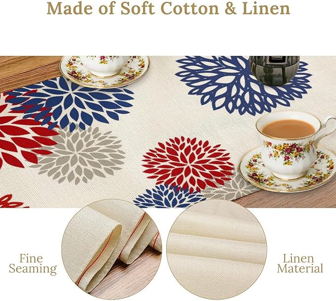 4th of July Table Runner, Blue Red Dahlia Flower American Patriotic Memorial Day Table Runner for Farmhouse Kitchen Dining Table Party Decor, 13x36inch