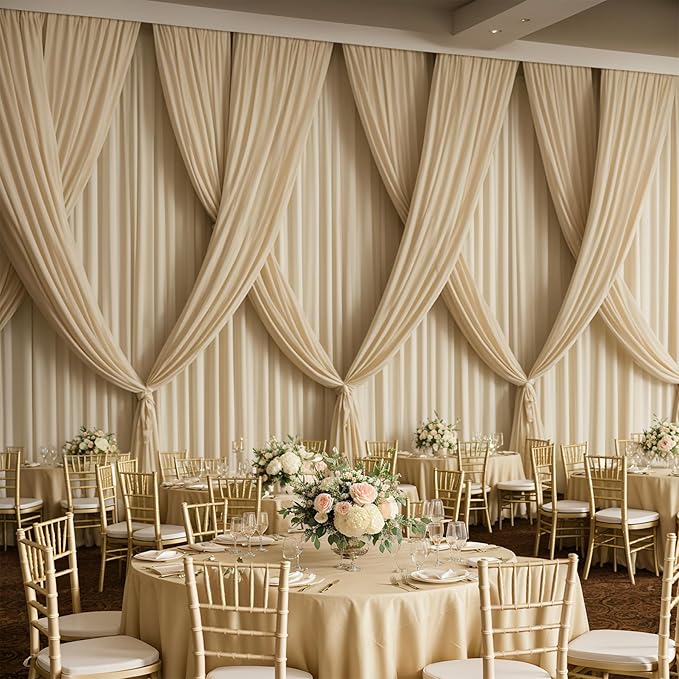PartyVillage 50ft×15ft Beige Backdrop Curtain for Wedding Parties, 10 Panels Wrinkle Free 15 FT Long Polyester Photo Backdrop Drapes Back Drop Cloth for Birthday Photography Background