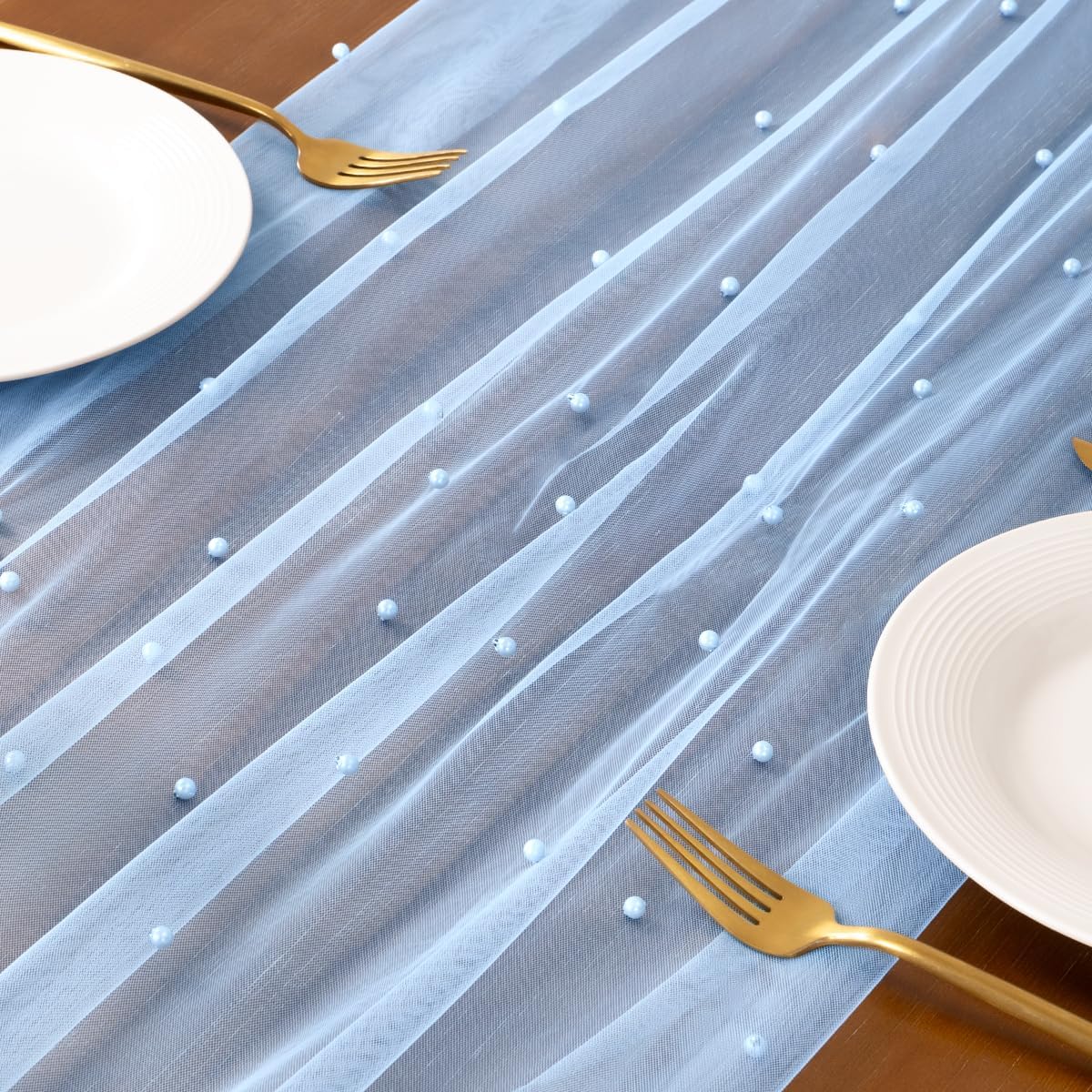 Socomi Pearl Table Runner Tulle Blue Summer Cheesecloth 10FT Gauze Cheese Cloth Sheer Chiffon Dining Wedding Birthday Party Baby Shower Bridal Anniversary Holiday Centerpiece Table Decor