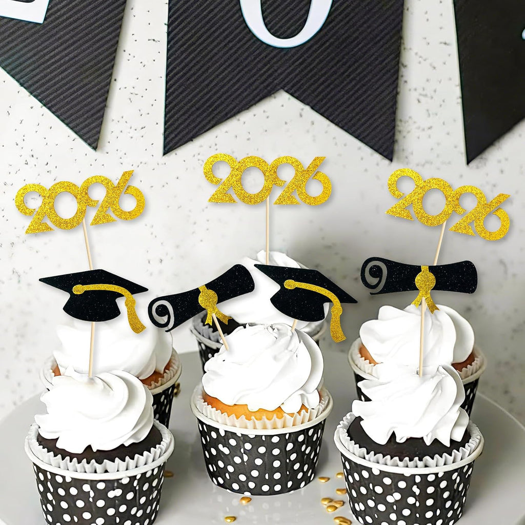 2026 Graduation Cupcake Toppers 48 Pack, Pre-Assembled Food & Appetizer Picks, Black Gold Grad Cap & Diploma Cupcake Decorations for Graduation Party