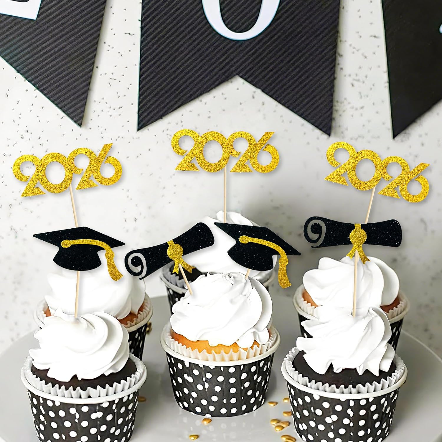2026 Graduation Cupcake Toppers 48 Pack, Pre-Assembled Food & Appetizer Picks, Black Gold Grad Cap & Diploma Cupcake Decorations for Graduation Party