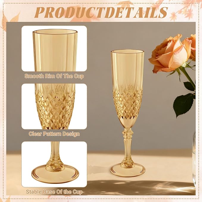 Plastic Champagne Flutes, 12PCS Gold Wine Glasses Goblets Cups Reusable Flute, for Weddings Bachelor Parties Toasting and Events(12, Gold)