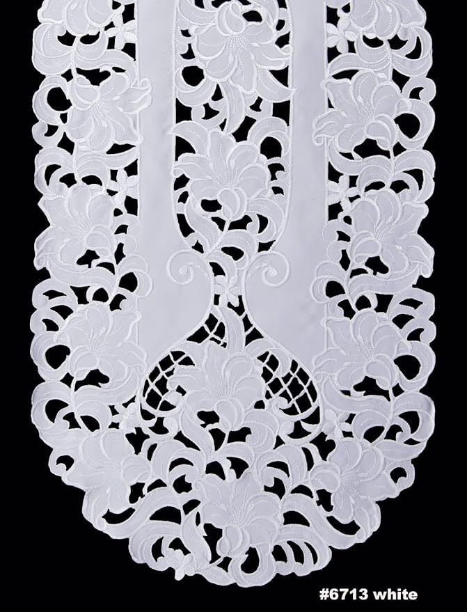 Creative Linens Embroidered Floral Table Runner 15x53 Oval Dresser Scarf White