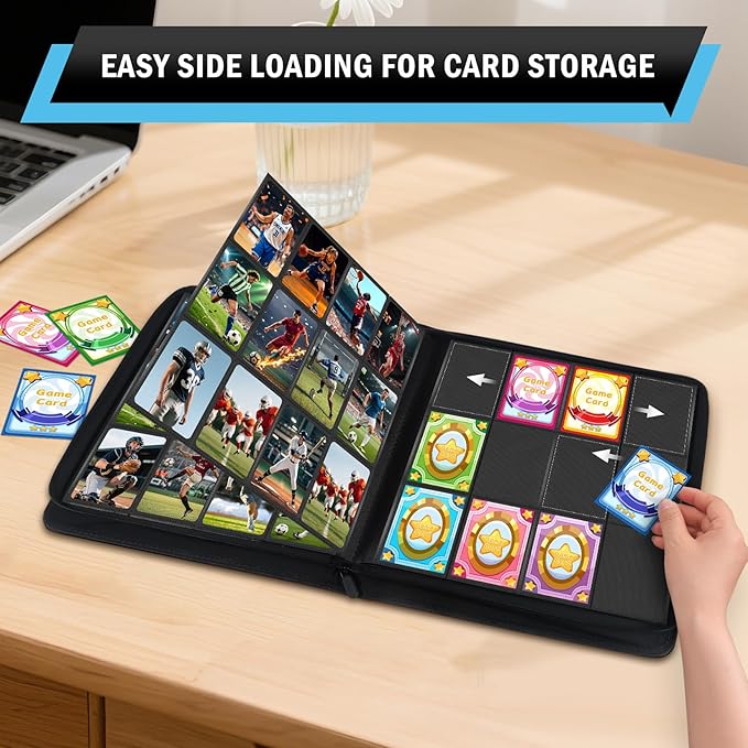 Trading Card Binder 12 Pocket, Zipper Binder Card Album Holds 720 Cards, 30 Pack Acid-Free Pages with Side Loading, Premium Leather Cover Card Folder for TCG/MTG/Sports Cards Collection, Black