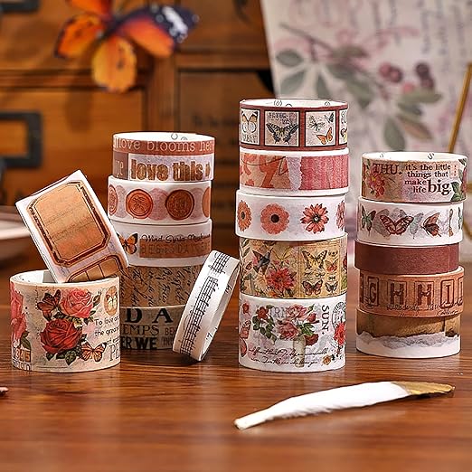 18 Rolls Washi Tape Set for Crafts and Journaling DIY Vintage Floral Tape Scrapbooking Supplies washi Tape for journaling Decorative Tape for Crafts