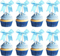 24 PCS Bow Cupcake Toppers Bowknot Cake Toppers Bow Girls Birthday Cake Decorations Bow Cake Dessert Picks Bowknot Cupcake Picks for Baby Shower Birthday Wedding Bridal Engagement Party Supplies Blue