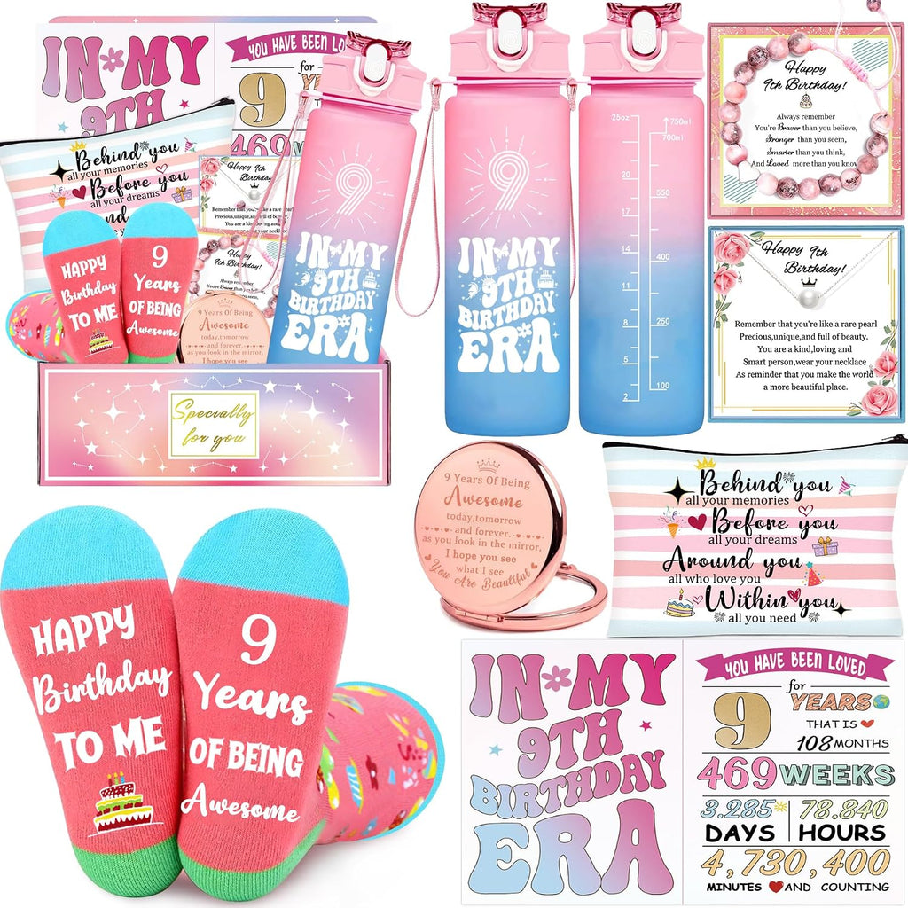 Birthday Gifts for 9 Year Old Girls, Gifts for 9 Year Old Girls, 7 Pieces 9th Beautiful Birthday Gift Basket Set , Cool 9th Decorations Birthday Gift for Daughter, Sister, Niece, Granddaughter.