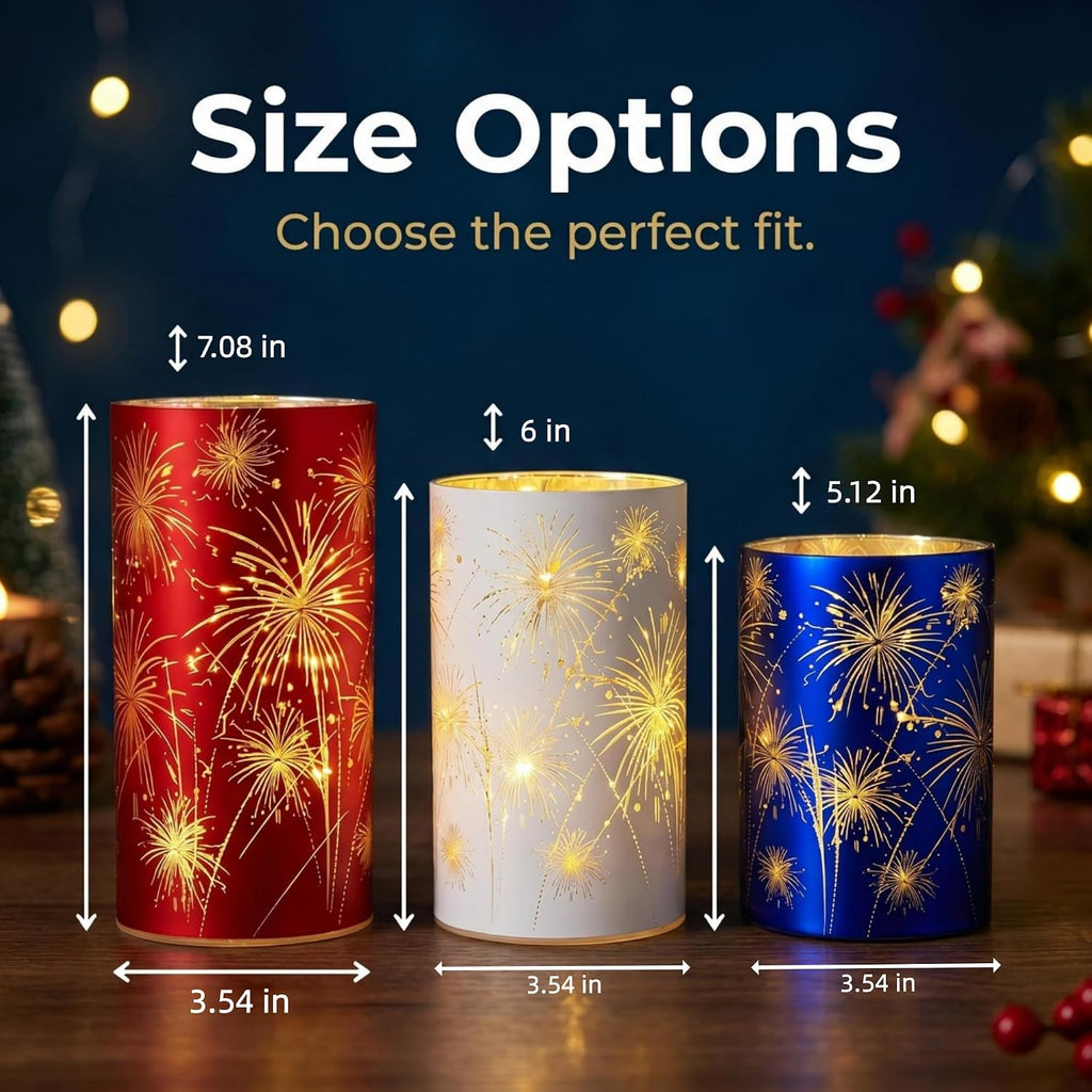 Set of 3 Red White and Blue Celebration Hurricane Firework Lanterns | 3D Etched Starburst Patriotic Led Candles Lights Hurricanes for Birthday Wedding Christmas Parties Chic Modern Home Decor