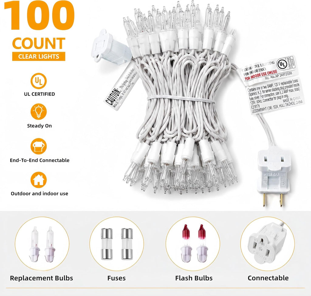Warm White Christmas Lights, 21Ft 100 Incandescent Mini Bulbs, UL Certified, Connectable, Indoor and Outdoor, Perfect for Christmas Tree, Wreath, Home, Yard, Wedding, Party, Holiday Decor