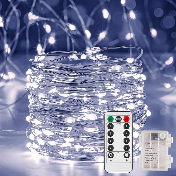 2 Pack 16.4 Ft. Battery Operated Outdoor String Lights with Remote & Timer, LED Cool White Fairy Lights, Waterproof Twinkle Lights for Bedroom, Dorm, Mason Jar, Wedding, Party, Christmas
