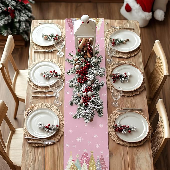 GEEORY Christmas Table Runner 13x120 Inch, Xmas Trees Snowflakes Holiday Decorative Farmhouse Table Decoration for Kitchen Dinning, Indoor Outdoor Dinner Party Decor (Pink) GT153-120