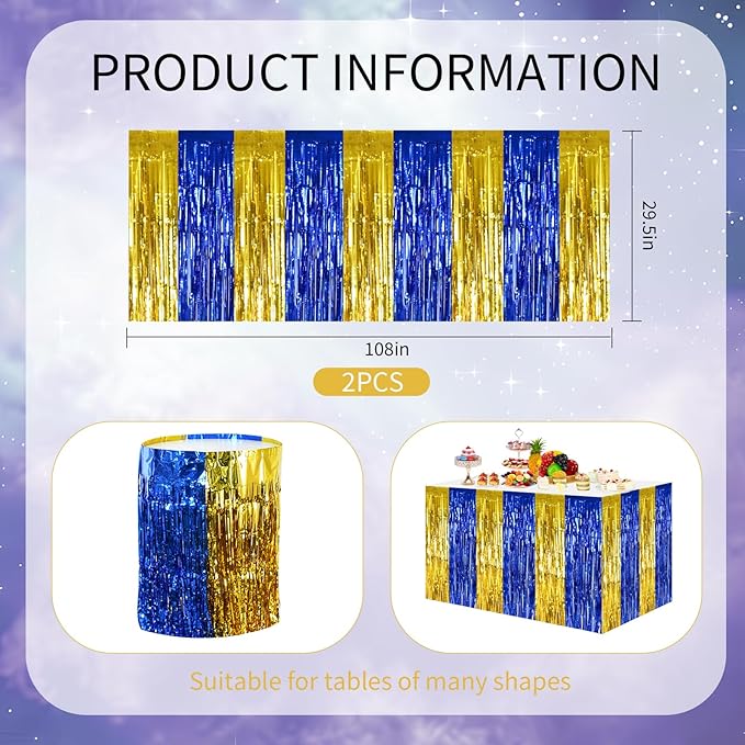 BEISHIDA 2 Pack Blue Gold Table Skirts Party Decorations Metallic Tinsel Foil Fringe Table Skirts for Birthday Retirement Anniversary Graduation Congrats 2026 Party