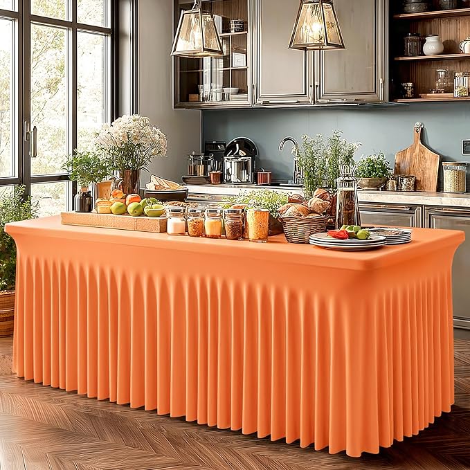 Wish Care 6 Pack Orange Spandex Table Clothes for 8 Foot Rectangle Tables, 8FT Wrinkle Free Fitted Tablecloths Ruffles Design Table Cover for Party, Banquet, Wedding and Events