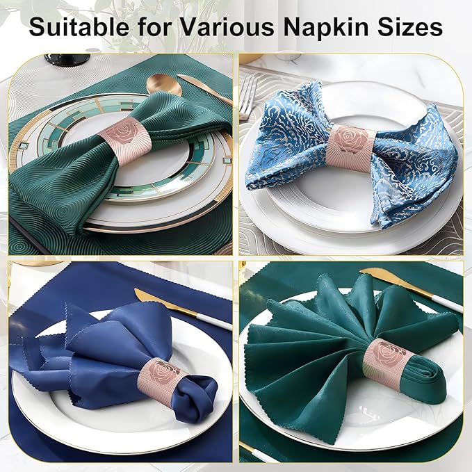 Polymer Material Reusable Napkin Band, Glue-Free Tear-Proof Water Resistant Oil-Proof Napkin Bands Set of 100(Front Rose Gold Color and Back Silver), 6 Adjustable Sizes Napkin Rings