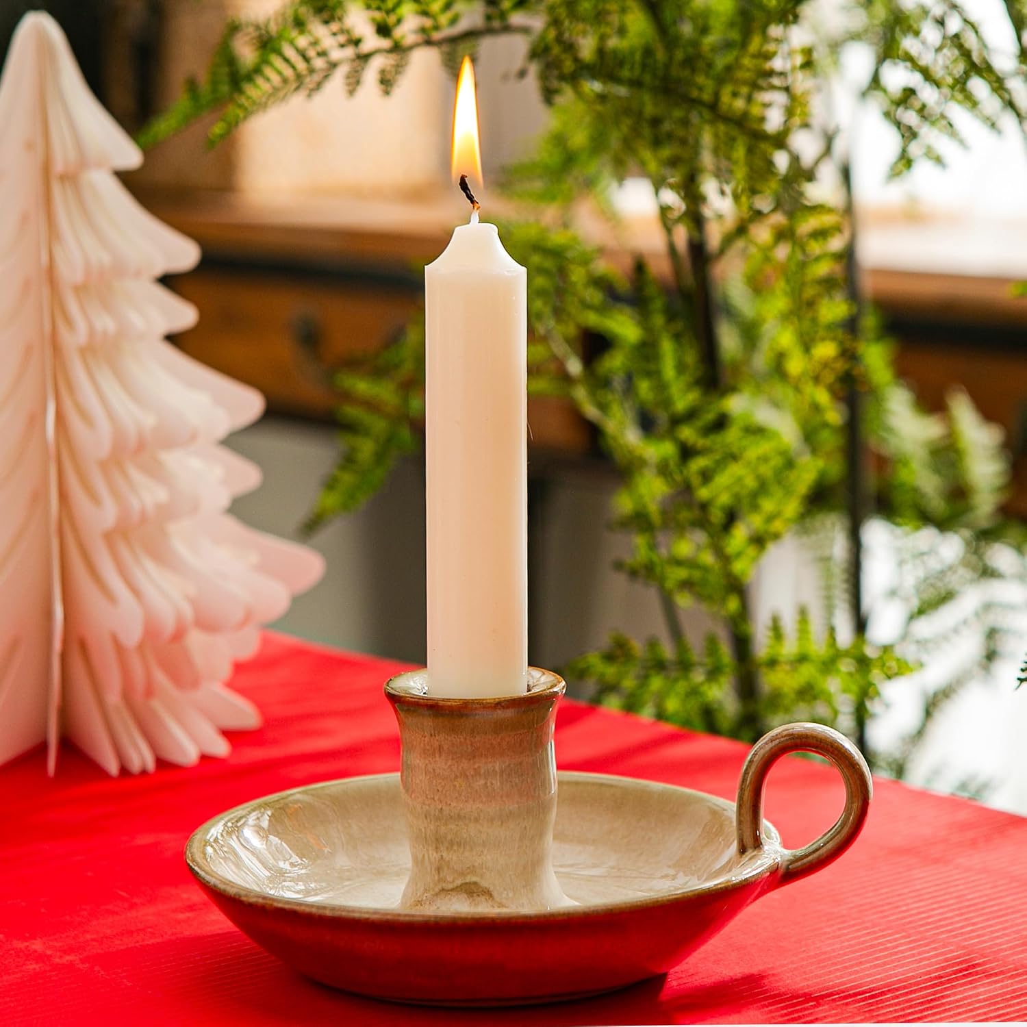 Candlestick Holder, Vintage Ceramic Candle Holder for Taper Candles, Spell Candles, and Incense, Farmhouse Candlelight Stand with Handle for Home, Dining Table, Halloween, Christmas Decor