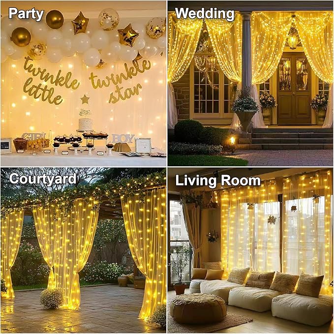 HXWEIYE 300LED Fairy Curtain Lights, 9.8x9.8Ft USB Plug-in 8 Modes Christmas String Hanging Lights with Remote for Bedroom Backdrop Wedding Party Indoor Wall Decor, Warm White(2 Pack)