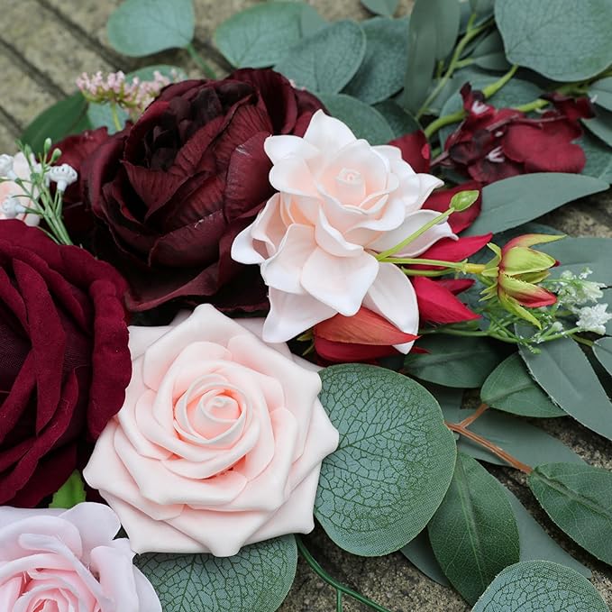 ponatia Wedding Arch Flowers (Pack of 2), Artificial Burgundy Wedding Flowers for Wedding Welcome Signs Decorations and Arch Flower for Wedding Ceremony Reception (Burgundy & Blush)